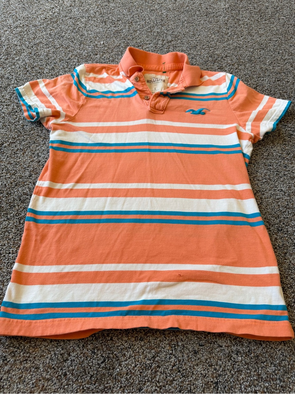 Hollister L Y2K Coral Orange Turquoise Striped Polo Shirt Seagull Surf Preppy
